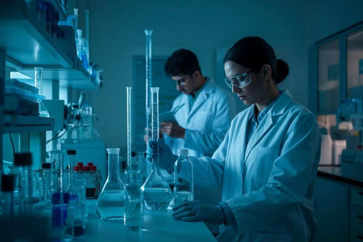 Scienziati in laboratorio, virus